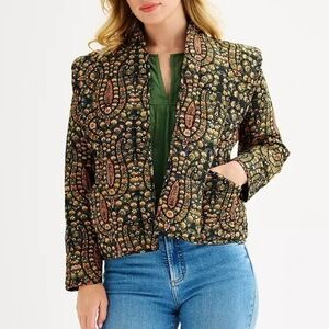 Farmers Market Boho Black Green Orange Pink Ruffle Quilted Jacket Coat XL NWT